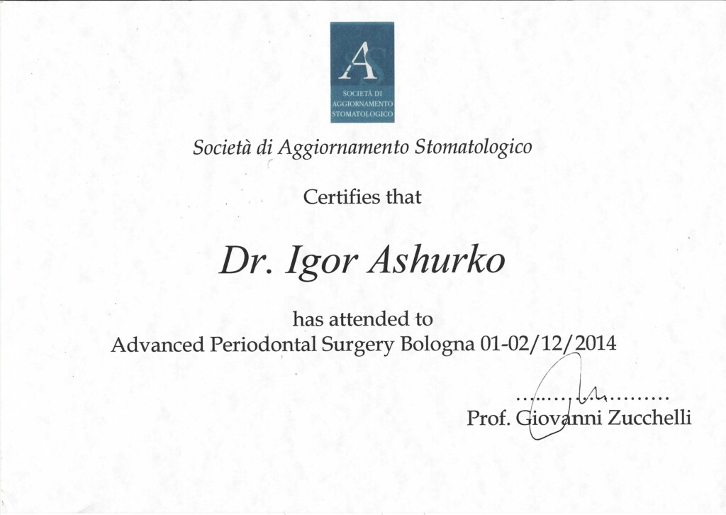 Has attended to Advanced Periodontal Surgery Bologna. 2014 г.