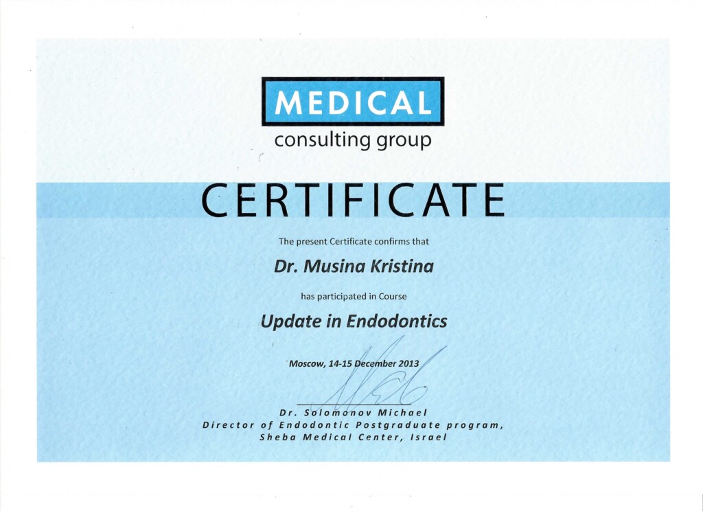 Has participated in Course: "Update in Endodontics". 2013 г.